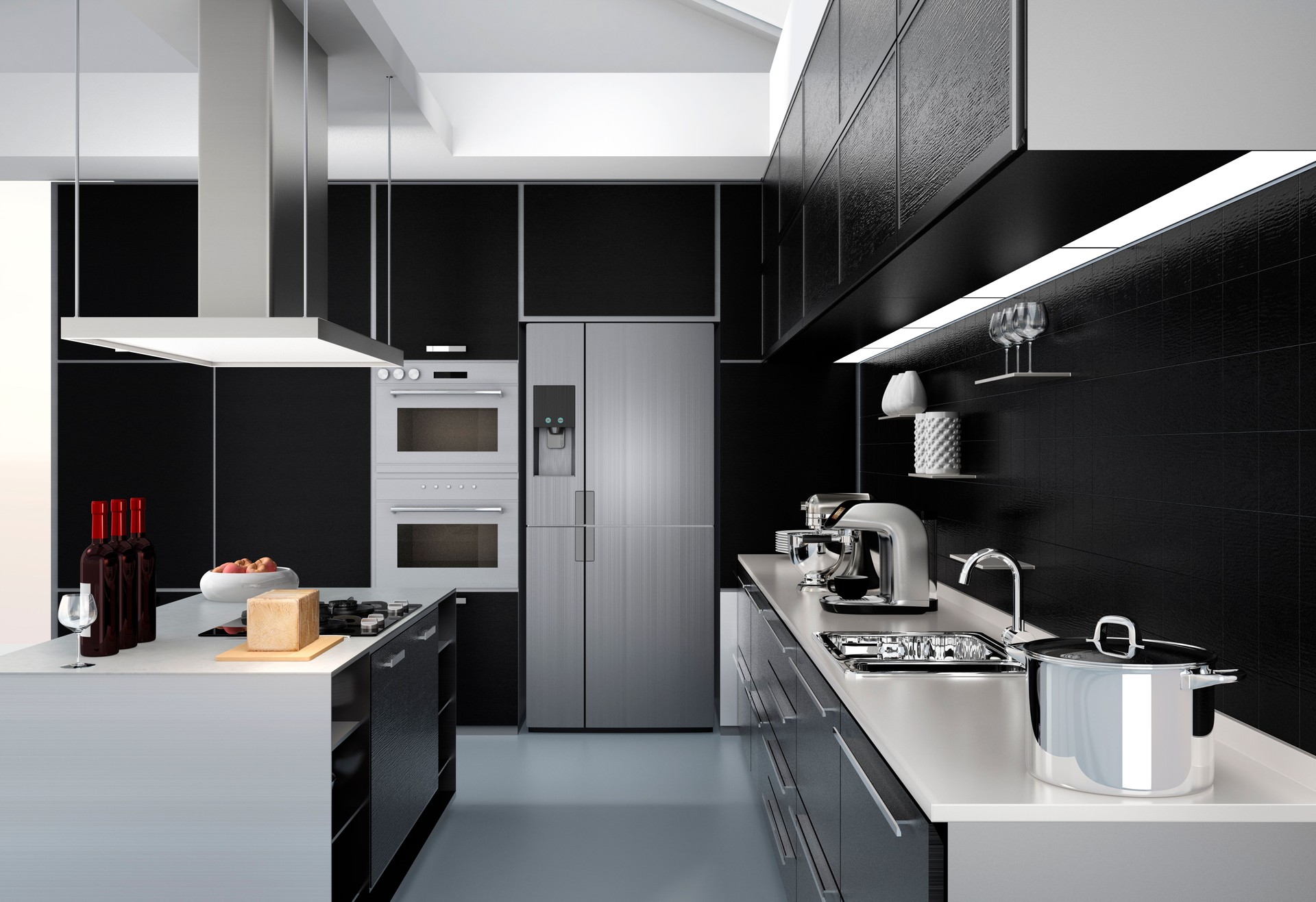 Modern kitchen interior with smart appliances in black color coordination